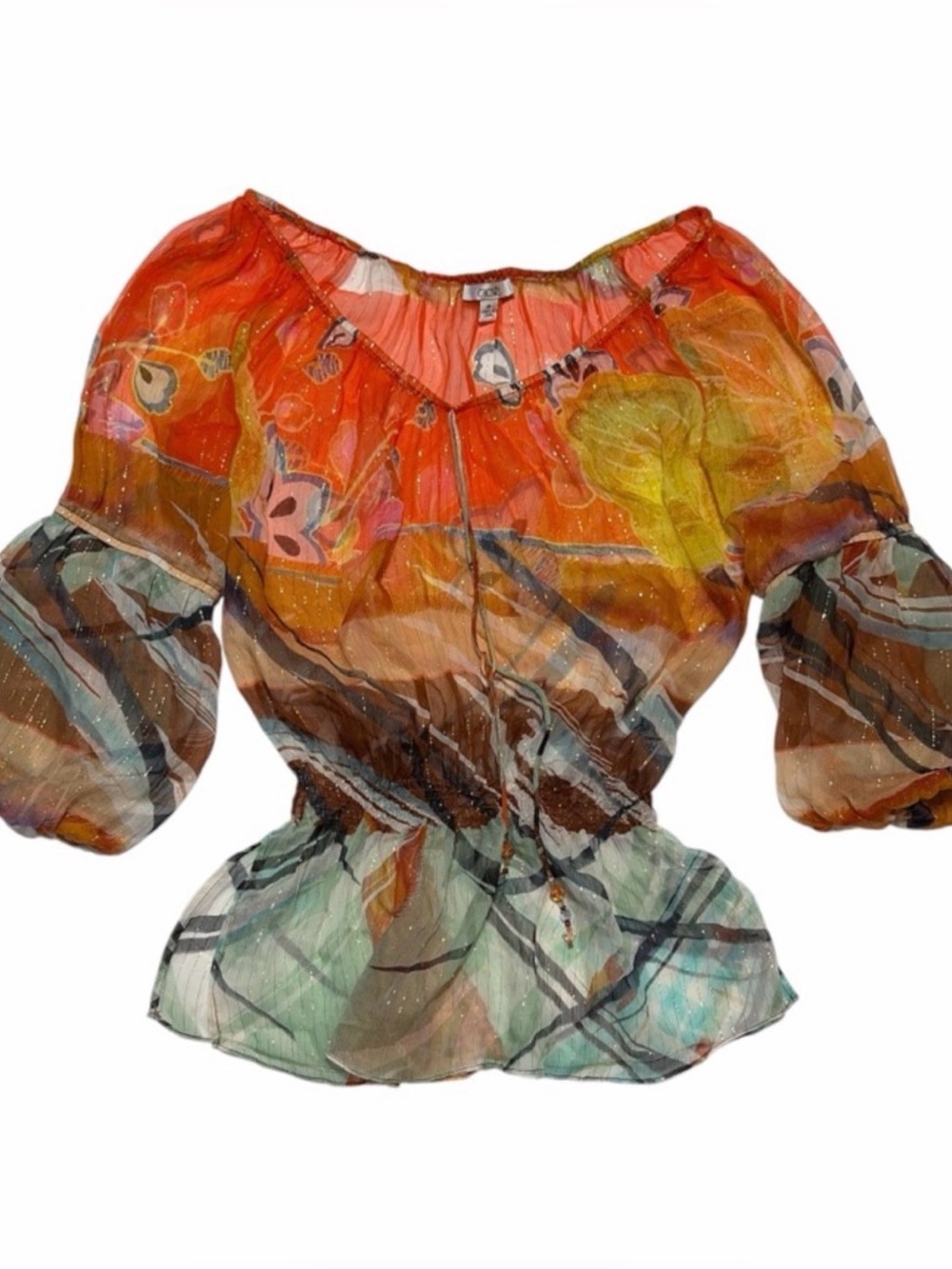 Y2K Caché Silk Balloon Sleeve Top Beads 90s 2000s Boho Colorful Sz M